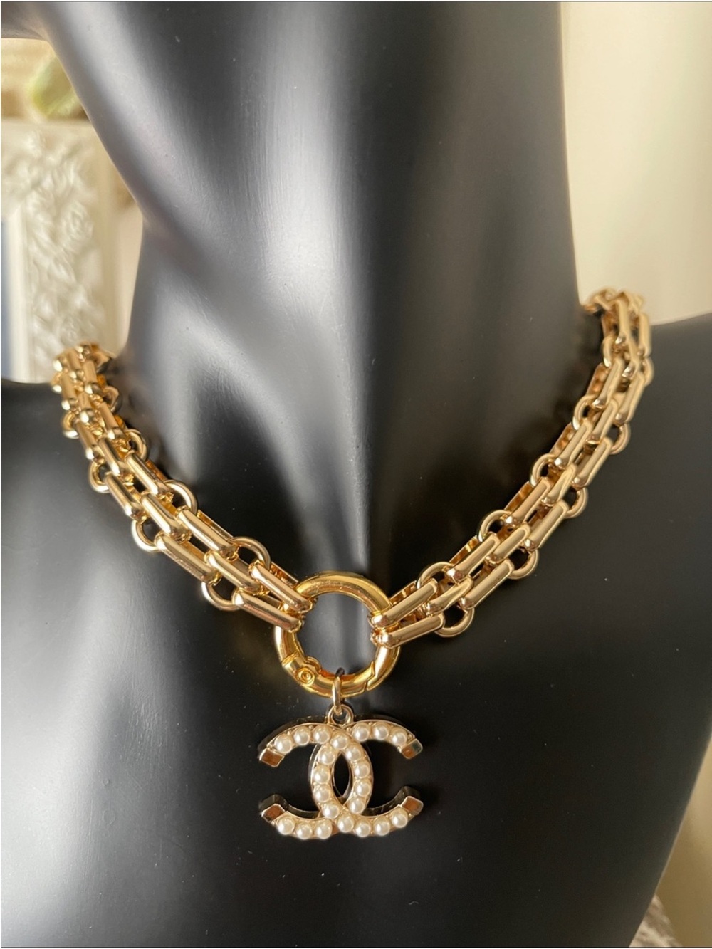 Gold-Tone Double Chain Necklace with Chanel Pearl CC Charm
